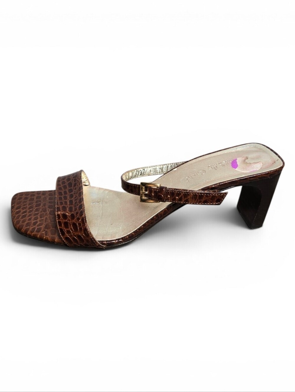 Max de Carlo Brown Croc-Embossed Block Mid Heel Slide Sandals